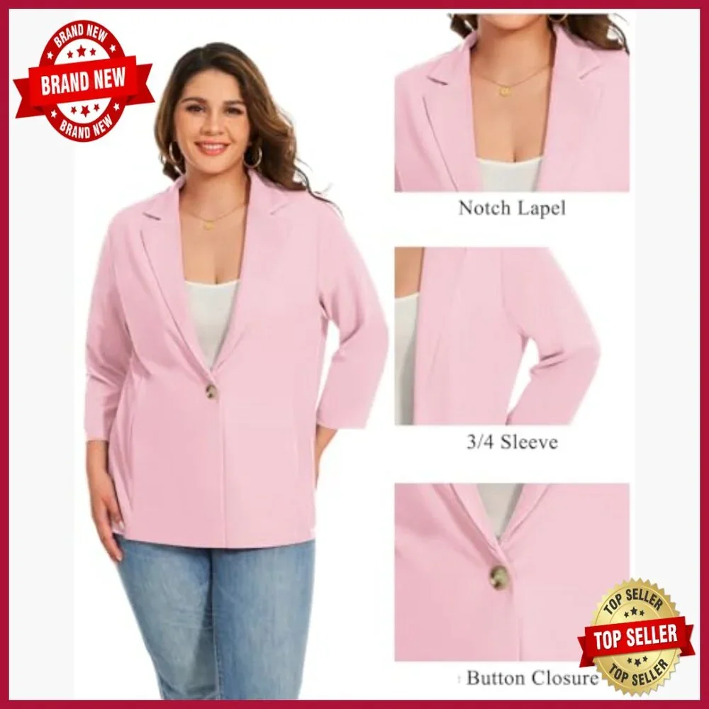 Plus Size 3/4 Sleeve Blazer Notch Lapel Casual Work Jacket XL-5XL - Picture 3 of 7